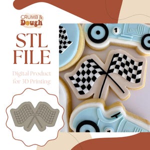 May include: The image shows racing-themed biscuits decorated with checkered flags and race cars. The biscuits are iced in light blue, white, and black. The image also includes the text "CRUMB & Dough" and "STL FILE Digital Product for 3D Printing".