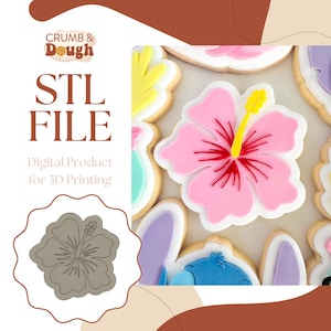May include: An image featuring a pink hibiscus flower cookie with a yellow stamen and red center. The cookie is surrounded by other decorated cookies. The image also includes the text "STL FILE" and "Digital Product for 3D Printing".