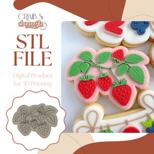 May include: An image featuring a strawberry-themed cookie cutter design and a finished cookie. The cookie cutter is a detailed outline of strawberries and leaves. The finished cookie is decorated with red strawberries, green leaves, and pink frosting.