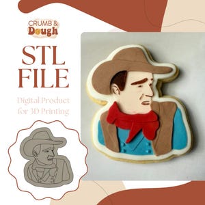 May include: A digital STL file for 3D printing a cookie cutter in the shape of a cowboy wearing a brown hat and a red scarf. The image shows a decorated cookie with the same design.