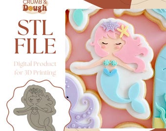 May include: A digital STL file for 3D printing a mermaid cookie cutter. The image shows a pink and blue mermaid cookie with a starfish on her head. The text "STL FILE" and "Digital Product for 3D Printing" is also visible.