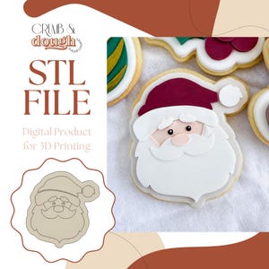 May include: A festive Santa Claus cookie with a white beard and red hat. The image includes a cookie cutter outline of the Santa design and the text "STL FILE Digital Product for 3D Printing".