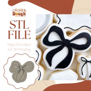 Könnte beinhalten: Eine digital herunterladbare STL-Datei für einen 3D-gedruckten Ausstecher in Form einer schwarzen Schleife. Der Text "CRUMB & Dough" und "STL FILE" ist auf dem Bild sichtbar. Der Text "Digitales Produkt für den 3D-Druck" ist ebenfalls auf dem Bild sichtbar.