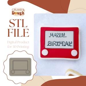 以下が含まれることがあります： 「ハッピーバースデー」と画面に書かれた、赤と白のクラシックな子供用描画おもちゃの3Dプリント可能なモデルです。