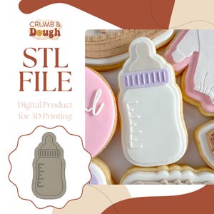 May include: An image featuring a baby bottle-shaped cookie with white icing and a purple top. The cookie is surrounded by other decorated cookies. The image also includes the text "STL FILE" and "Digital Product for 3D Printing".