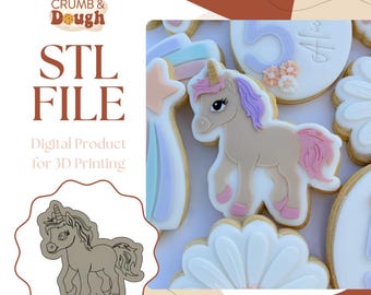 May include: A digital STL file for 3D printing a unicorn cookie cutter. The image shows a printed cookie cutter and a decorated sugar cookie with a unicorn design. The text "STL FILE" and "Digital Product for 3D Printing" is also visible.