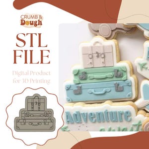 May include: A digital download STL file for 3D printing a cookie cutter shaped like a stack of three vintage suitcases. The text "STL FILE" and "Digital Product for 3D Printing" is displayed on the left side of the image. The cookie cutter is shown on the right side of the image, with a stack of three cookies decorated to look like suitcases.