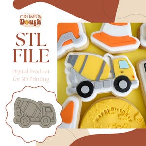 May include: STL FILE Digital Product for 3D Printing. A digital download of a 3D printable cookie cutter in the shape of a yellow cement mixer truck.