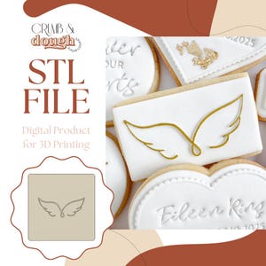 May include: An assortment of decorated sugar cookies with white icing and gold accents. One cookie features gold angel wings, while others have text and decorative elements. The image also includes a beige square with an angel wing outline and the text "STL FILE".