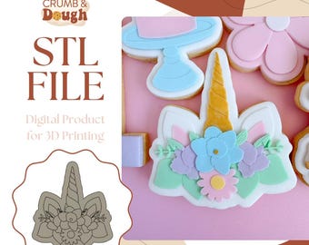 May include: A digital STL file for 3D printing a unicorn cookie cutter. The image shows a white unicorn cookie with a gold horn and pastel flowers. The text "STL FILE" and "Digital Product for 3D Printing" is also visible.