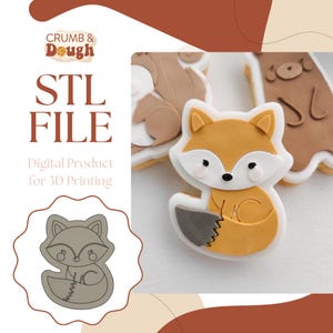 May include: A digital download STL file for 3D printing a fox cookie cutter. The image shows a brown fox cookie cutter with a gray tail, and a decorated fox cookie.