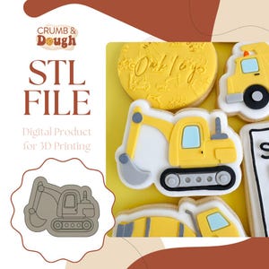 May include: STL FILE Digital Product for 3D Printing. A digital download of a 3D printable cookie cutter in the shape of a yellow excavator.