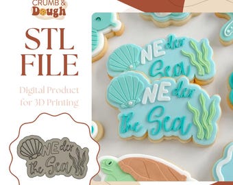 May include: A 3D printable STL file for a cookie cutter shaped like a seashell with the text "One day the sea" in a blue and white color scheme.