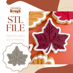 May include: A digital download STL file for 3D printing a leaf cookie cutter. The image shows a gray outline of the cutter and a red leaf cookie.