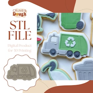 May include: A selection of iced biscuits, featuring a grey and green recycling truck design. The cookies are outlined in white icing. The image also displays the text "STL FILE" and "Digital Product for 3D Printing".