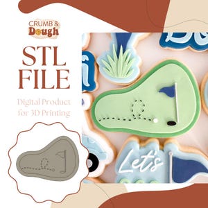 May include: An image of golf-themed cookies, including a green golf course with a flag, a golf ball, and the text "Let's". The cookies are decorated with blue and white icing. The image also includes the text "STL FILE" and "Digital Product for 3D Printing".