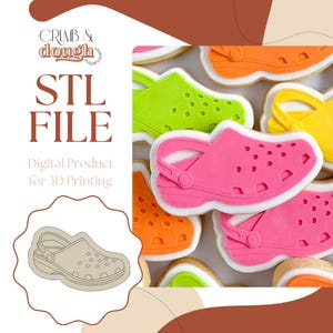 Puede incluir: Imagen de galletas coloridas con forma de zuecos. Las galletas son de varios colores brillantes, incluyendo rosa, verde, naranja y amarillo, con contornos de glaseado blanco. La imagen también incluye el texto "STL FILE" y "Digital Product for 3D Printing".