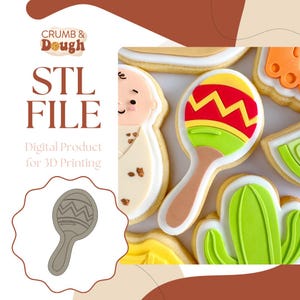 Puede incluir: Imagen de una galleta con forma de maraca colorida, con glaseado rojo, amarillo y verde, rodeada de otras galletas decoradas. La imagen también incluye el texto "STL FILE" y "Digital Product for 3D Printing".
