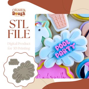 May include: A digital download STL file for a 3D printed cookie cutter shaped like a blue water splash with the words "Pool Party" in pink letters. The image shows a decorated cookie with the same design.
