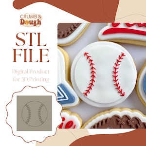 May include: Image of baseball-themed biscuits with white icing and red stitching, plus a digital product graphic. The biscuits feature baseballs, gloves, and bats. Text reads "STL FILE" and "Digital Product for 3D Printing."