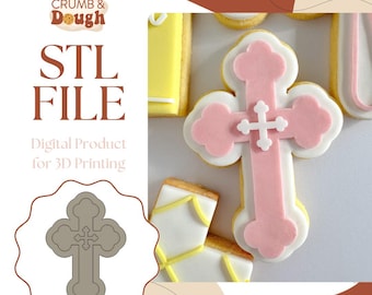 May include: A pink and white cross-shaped cookie with a smaller white cross in the center. The image also features the text "STL FILE" and "Digital Product for 3D Printing". The logo for Crumb & Dough is in the upper left corner.