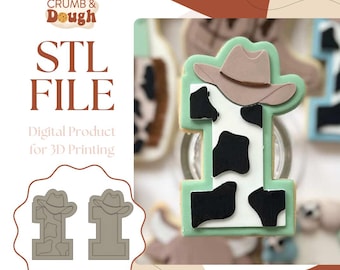 May include: STL file for 3D printing a cookie cutter shaped like the number one with a cowboy hat on top. The number one is decorated with a black and white cow print. The image also shows a 3D printed version of the cookie cutter.