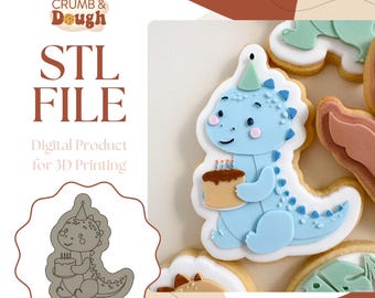 May include: A digital STL file for 3D printing a cookie cutter shaped like a blue dinosaur holding a birthday cake. The dinosaur is wearing a party hat and has a happy expression. The text "STL FILE" and "Digital Product for 3D Printing" is also visible.