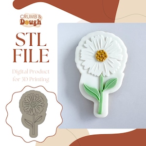 Könnte beinhalten: Eine digitale STL-Datei zum 3D-Drucken einer weißen Gänseblümchen-Blume mit grünen Blättern. Die Datei ist ein digitales Produkt und kein physisches Objekt.