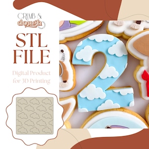 Può includere: Immagine di biscotti di zucchero decorati, tra cui uno a forma di numero 2, decorato con glassa blu e accenti di nuvole bianche. L'immagine include anche una grafica per un file STL, un prodotto digitale per la stampa 3D.