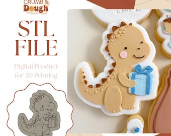 May include: A digital STL file for 3D printing a cookie cutter shaped like a dinosaur holding a gift box. The dinosaur is brown with white accents and has a pink cheek. The gift box is blue with a white bow. The text "STL FILE" and "Digital Product for 3D Printing" is also visible.