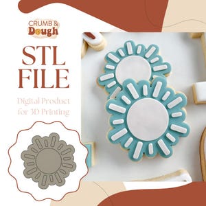 Può includere: Un file STL digitale per la stampa 3D di uno stampino per biscotti a forma di sole con raggi. L'immagine mostra un esempio di biscotto decorato con glassa blu e bianca.