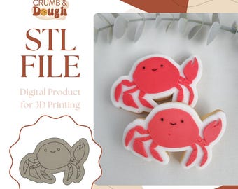 May include: STL FILE Digital Product for 3D Printing. Two red and white crab-shaped cookies on a white surface. A gray outline of a crab is shown in the lower left corner.