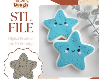 May include: A digital download STL file for 3D printing a cookie cutter in the shape of a starfish with a cute face. The image shows two cookies decorated with blue icing and white details.