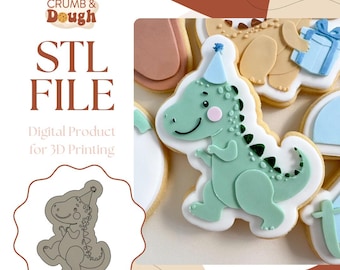 May include: A digital download STL file for a 3D printed cookie cutter in the shape of a dinosaur wearing a party hat. The image shows a green dinosaur cookie with a blue party hat, pink cheeks, and a white outline. The text "STL FILE" and "Digital Product for 3D Printing" is also visible.