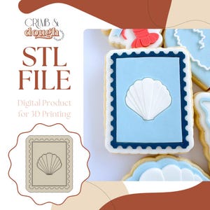 May include: An image featuring a seashell-shaped cookie cutter design. The design is a digital product for 3D printing, with the text "STL FILE" and "Digital Product for 3D Printing". The cookies are decorated with blue and white icing.