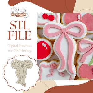 May include: An image featuring a collection of decorated sugar cookies. The cookies are in the shape of bows, hearts, and cherries, with white icing and pink accents. The image also includes the text "STL FILE" and "Digital Product for 3D Printing".