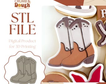 May include: A digital download of an STL file for 3D printing a cowboy boot cookie cutter. The image shows a pair of brown cowboy boots with white stitching and a gray outline of the cookie cutter.