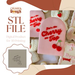 May include: Pink iced biscuits with red text saying "She's the Cherry on Top" and a cherry design. The image also features the text "STL FILE" and "Digital Product for 3D Printing".