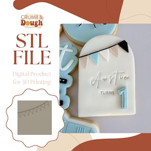 May include: An image of a white cookie decorated with the name "Austin" and the number "1" in light blue icing. The cookie is adorned with a banner of small flags in various colors. The image also includes the text "STL FILE" and "Digital Product for 3D Printing".