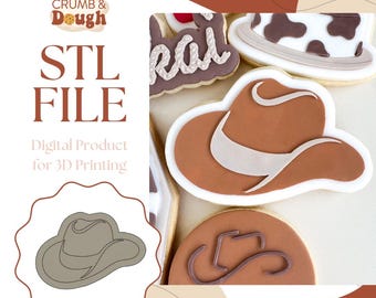 May include: A digital download STL file for 3D printing a cowboy hat cookie cutter. The image shows a close-up of the cookie cutter with a brown cowboy hat design. The text "STL FILE" and "Digital Product for 3D Printing" is also visible in the image.