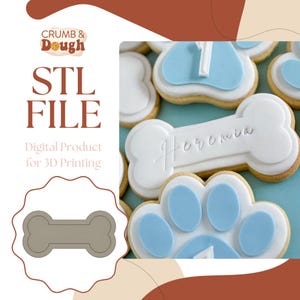 May include: An STL file for 3D printing, featuring a bone-shaped cookie cutter design. The image also shows decorated cookies with white icing and blue accents, including a bone-shaped cookie with the name "Heremia".