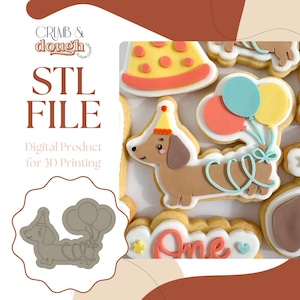 May include: A digital STL file for 3D printing featuring a dachshund cookie cutter design. The image displays a brown dachshund wearing a yellow party hat with balloons, alongside text reading CRUMB & DOUGH STL FILE Digital Product for 3D Printing.