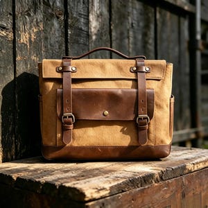 May include: A tan canvas messenger bag with brown leather accents. The bag features a top handle, adjustable straps, and a front pocket with a button closure. The bottom and sides are also trimmed with brown leather. The bag is sitting on a wooden surface.