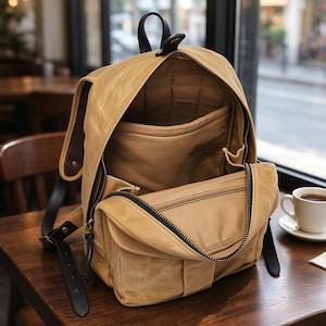May include: A tan canvas backpack with black leather straps and trim. The bag features a large main compartment, a front zippered pocket, and a top handle. The interior is lined with matching tan fabric and includes a dedicated sleeve for storage.