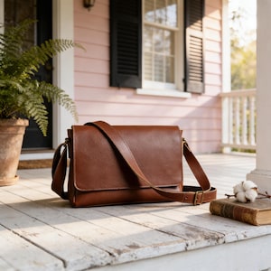 May include: A brown leather messenger bag with a shoulder strap, buckle closure, and flap. The bag is on a white wooden porch with a book and cotton branch.