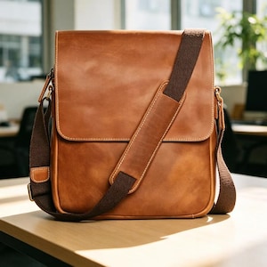 May include: A brown leather messenger bag with a flap closure and a shoulder strap. The bag has a rectangular shape with rounded corners and a contrasting brown fabric strap. The bag is sitting on a wooden surface.