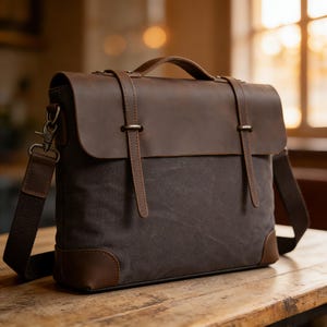 May include: A brown and gray messenger bag with a leather flap and handle. The bag has a canvas body with leather accents and a shoulder strap. The bag has a metal clasp and buckle closures.