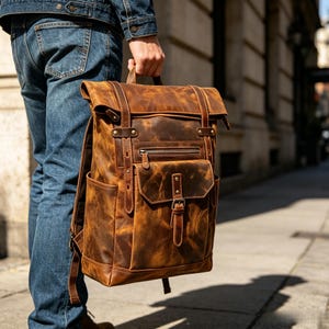 May include: A brown leather backpack with multiple pockets, straps, and a top handle. The bag has a distressed finish, giving it a vintage look. The backpack is held by a person wearing blue jeans and a denim jacket.