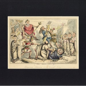 Könnte beinhalten: Eine farbenfrohe historische Illustration, die eine Szene aus der römischen Geschichte darstellt. Ein Mann in einem roten und goldenen Gewand sitzt auf einem Thron, während andere Figuren um ihn herum stehen. Die Szene spielt auf einem öffentlichen Platz, mit Gebäuden und Menschenmassen im Hintergrund. Der Text am unteren Rand des Bildes lautet "Tarquinius Superbus machte sich zum König."