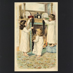 Christmas Holiday Antique circa 1900 Little Girls Hang Stockings by the Fire